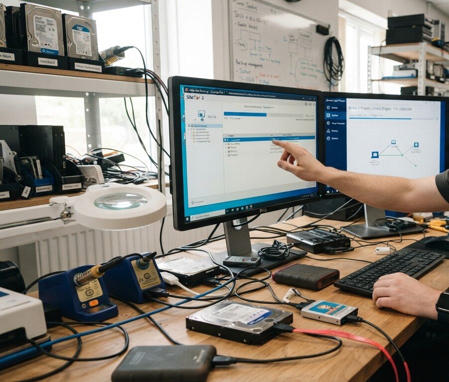 Externe Festplatte neben Laptop als Symbol für Datensicherung