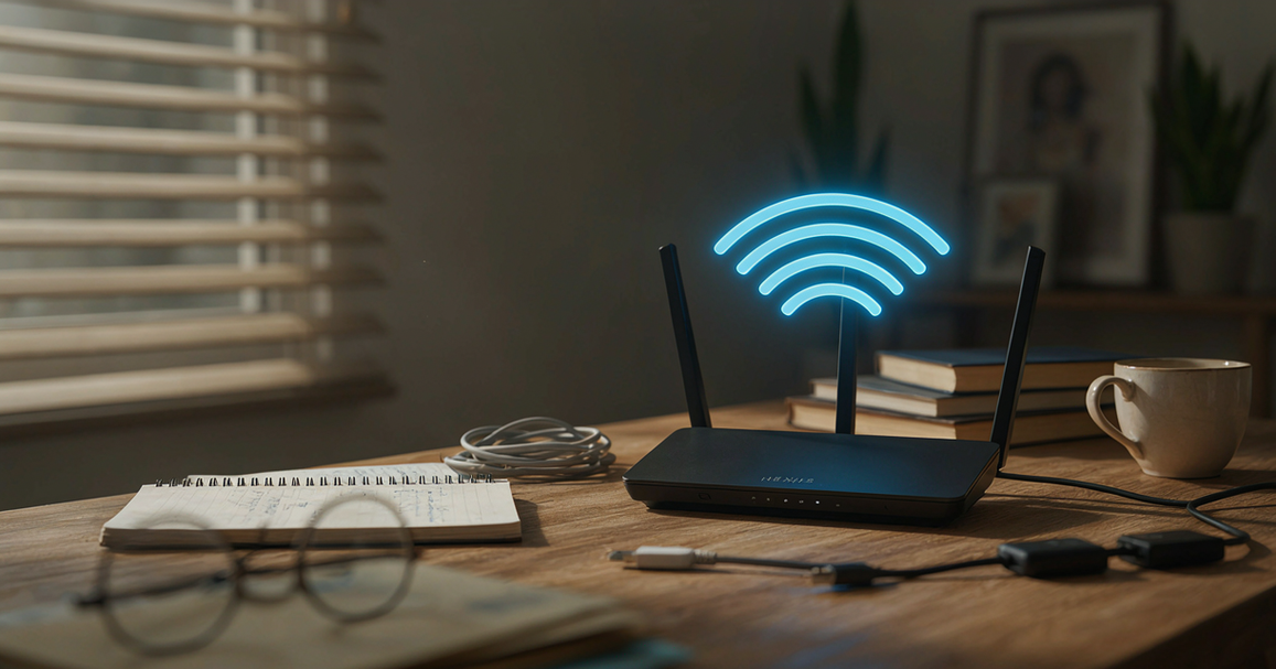 WLAN-Router in einem Wohnzimmer mit Notebook im Hintergrund